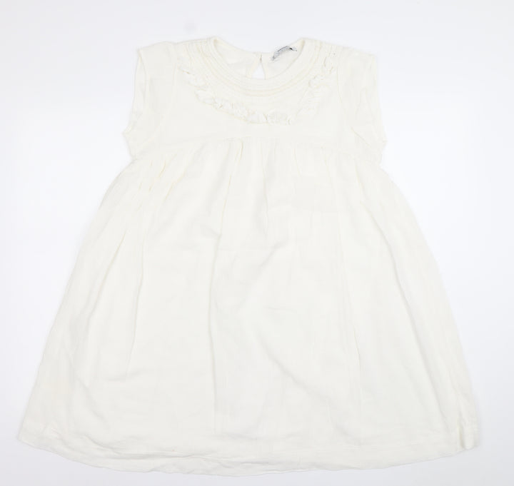 Mango Women Ivory Sleeveless Shift Dress Size 8 Ruffle Detail