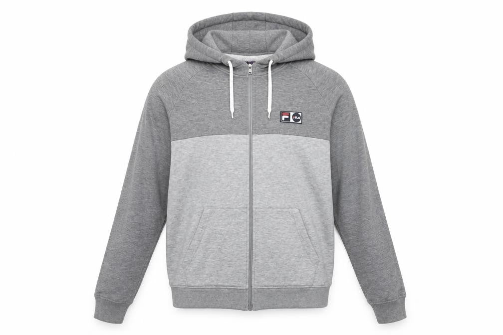 Front view of Fila Men’s Grey Full Zip Hoodie, size L, Regular Fit Sweatshirt