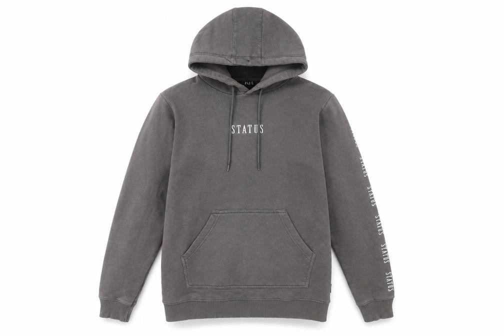 Front view of STATUS Men's Grey Pullover Hoodie, size M, Logo Graphic Cotton Blend