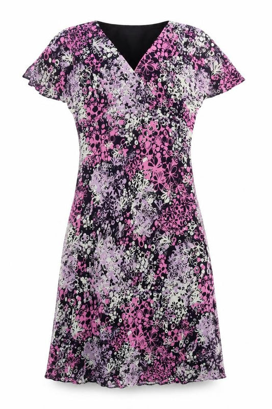 Front view of Karida Women’s Multicoloured Floral A-Line Knee Length Viscose Dress, size UK 10