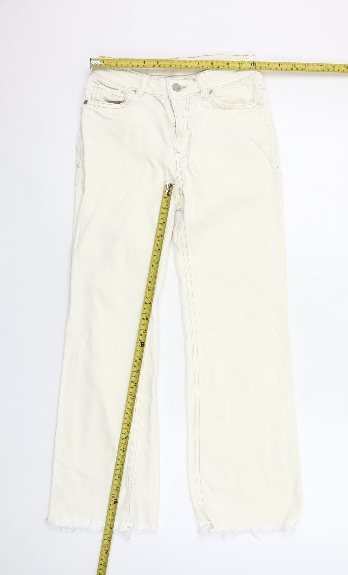 MNG Women's Ivory Straight Jeans Size 6 Sienna Style Frayed Hem