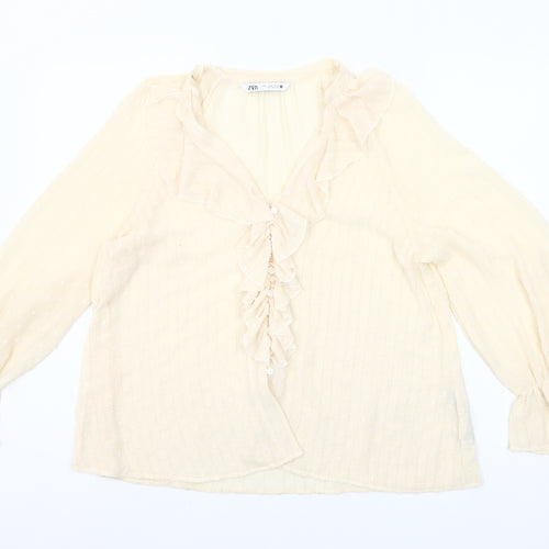 Zara Women Ivory Ruffle Long Sleeve Tunic Blouse Size M