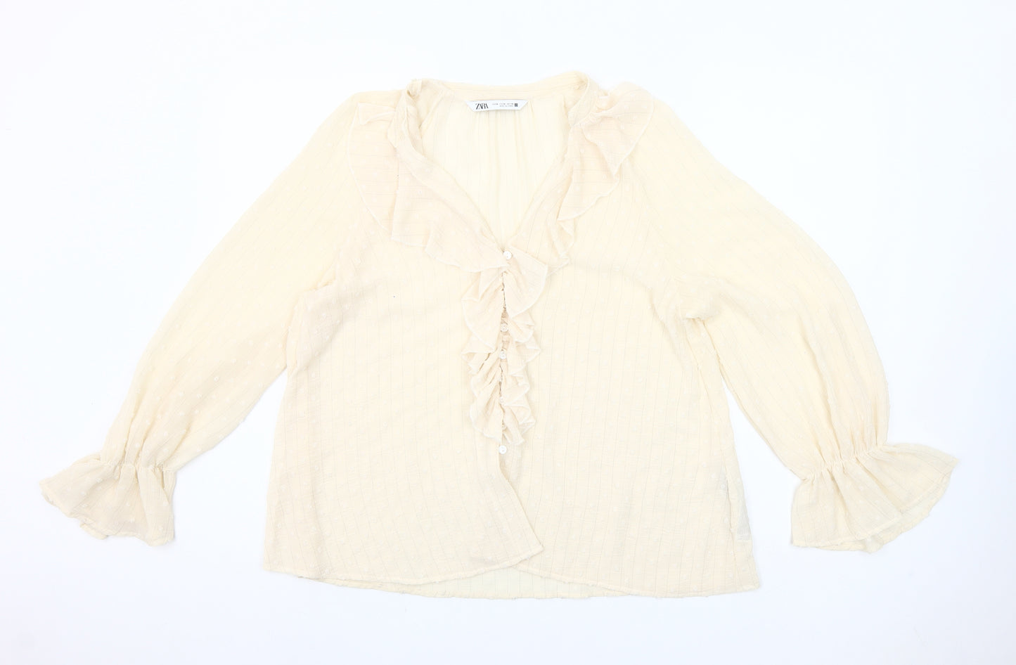 Zara Women Ivory Ruffle Long Sleeve Tunic Blouse Size M
