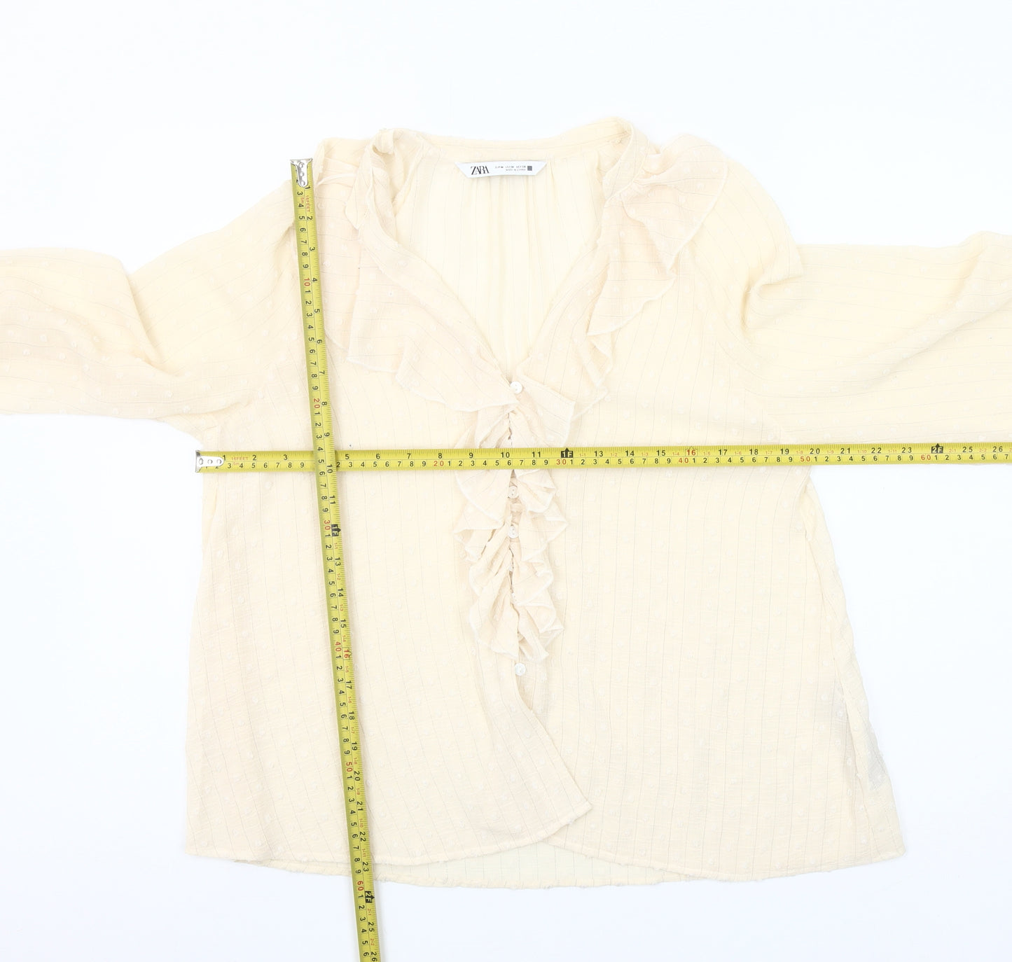 Zara Women Ivory Ruffle Long Sleeve Tunic Blouse Size M