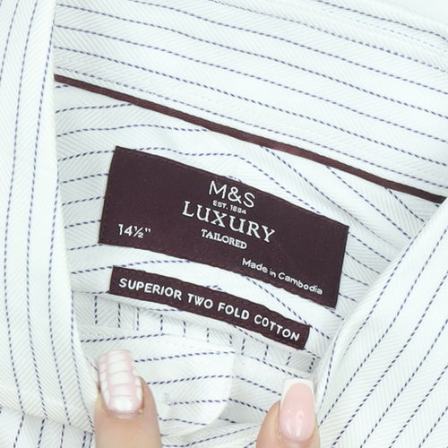 Marks and Spencer Men's White Striped 14.5 Tailored Cotton Shirt