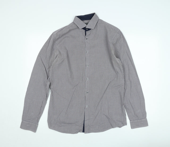 Marks and Spencer Men's Blue Check Slim Fit Long Sleeve Button-Up Shirt Size 16
