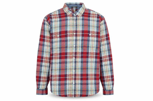 Front view of H&M L.O.G.G Men's Red Check Cotton Long Sleeve Button-Up Shirt M