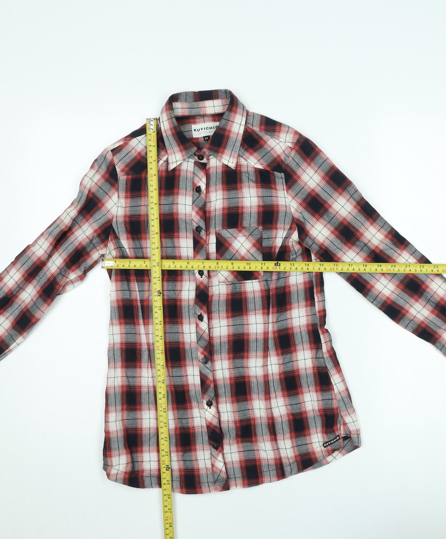 Kuyichi Womens Red Plaid Cotton Button-Up Shirt XS Long Sleeve