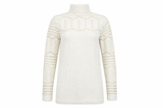 Front view of Savida Women’s Ivory Lace Roll Neck Long Sleeve Blouse, size S