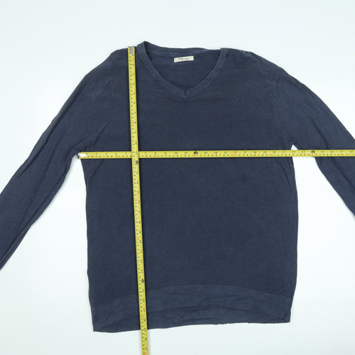 H.E. by Mango Men's Blue Cotton V-Neck Jumper Size L
