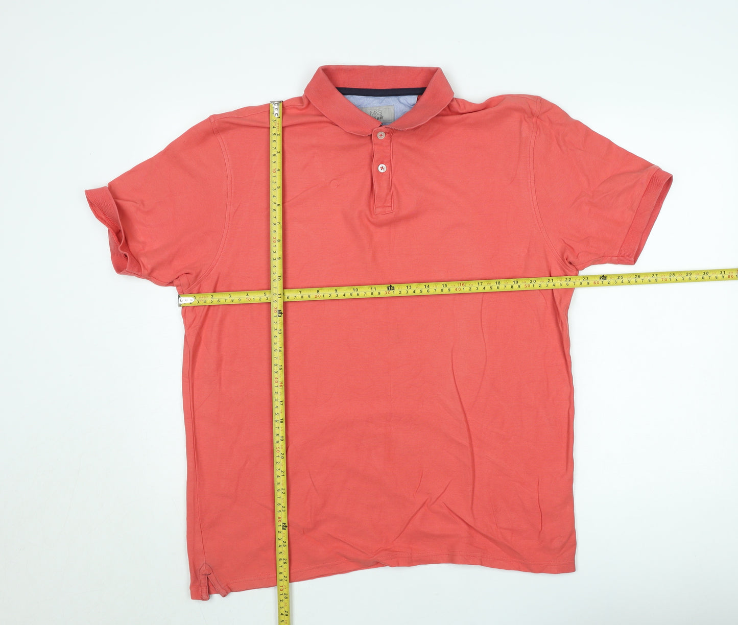 Marks and Spencer Men's Red Cotton Regular Fit Polo Shirt L