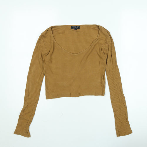Topshop Women’s Beige Ribbed Long Sleeve Scoop Neck Jumper Size 10