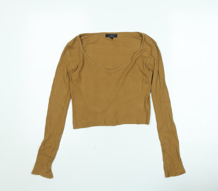 Topshop Women’s Beige Ribbed Long Sleeve Scoop Neck Jumper Size 10