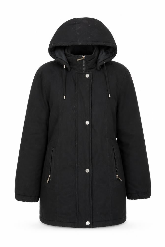 Front view of Klassik women’s black, size UK 12, hooded parka coat