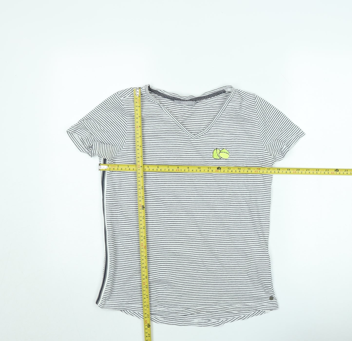 Cecil Womens White Striped V-Neck T-Shirt Size L Casual Cotton Blend