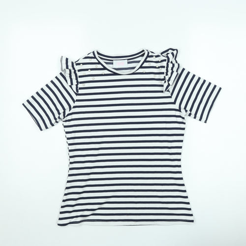 Savida Women's Navy Stripe Ruffle Pearl Detail T-Shirt Size 10