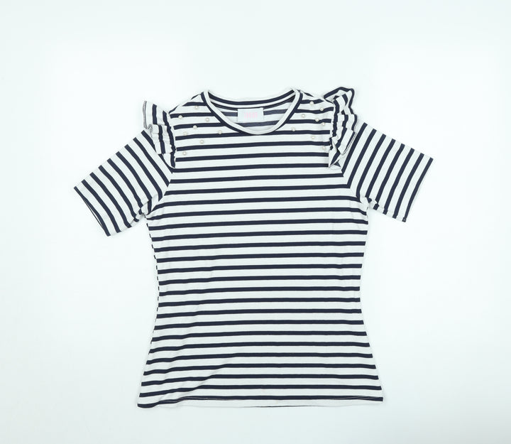 Savida Women's Navy Stripe Ruffle Pearl Detail T-Shirt Size 10