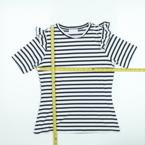 Savida Women's Navy Stripe Ruffle Pearl Detail T-Shirt Size 10