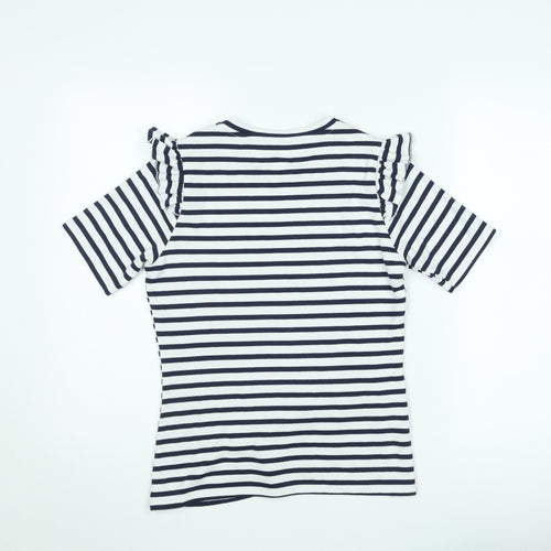 Savida Women's Navy Stripe Ruffle Pearl Detail T-Shirt Size 10