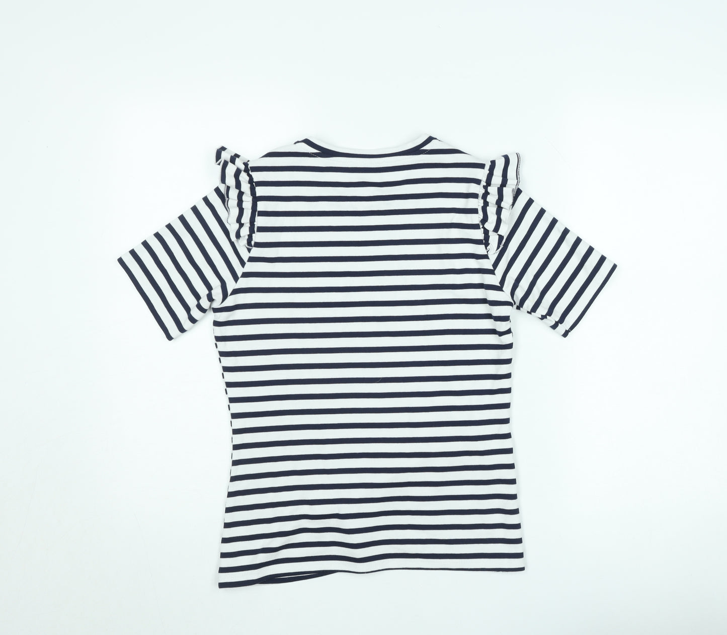 Savida Women's Navy Stripe Ruffle Pearl Detail T-Shirt Size 10