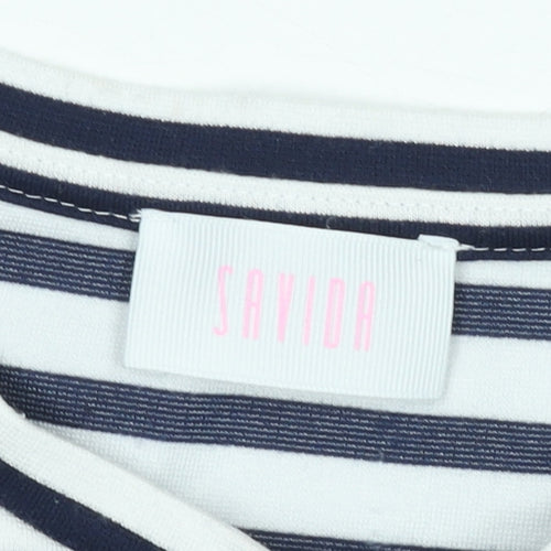 Savida Women's Navy Stripe Ruffle Pearl Detail T-Shirt Size 10