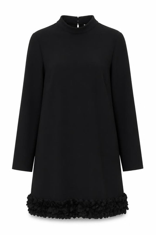 Front view of Gallery Women Black L Shift Dress Floral Trim Long Sleeve, size L