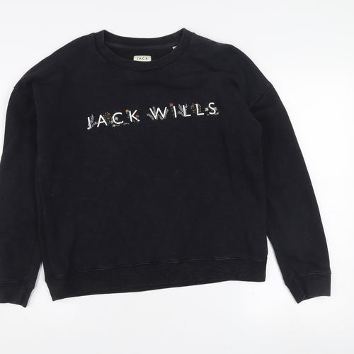 Jack Wills Womens Black Logo Sweatshirt UK 10 Classic Fit Crew Neck