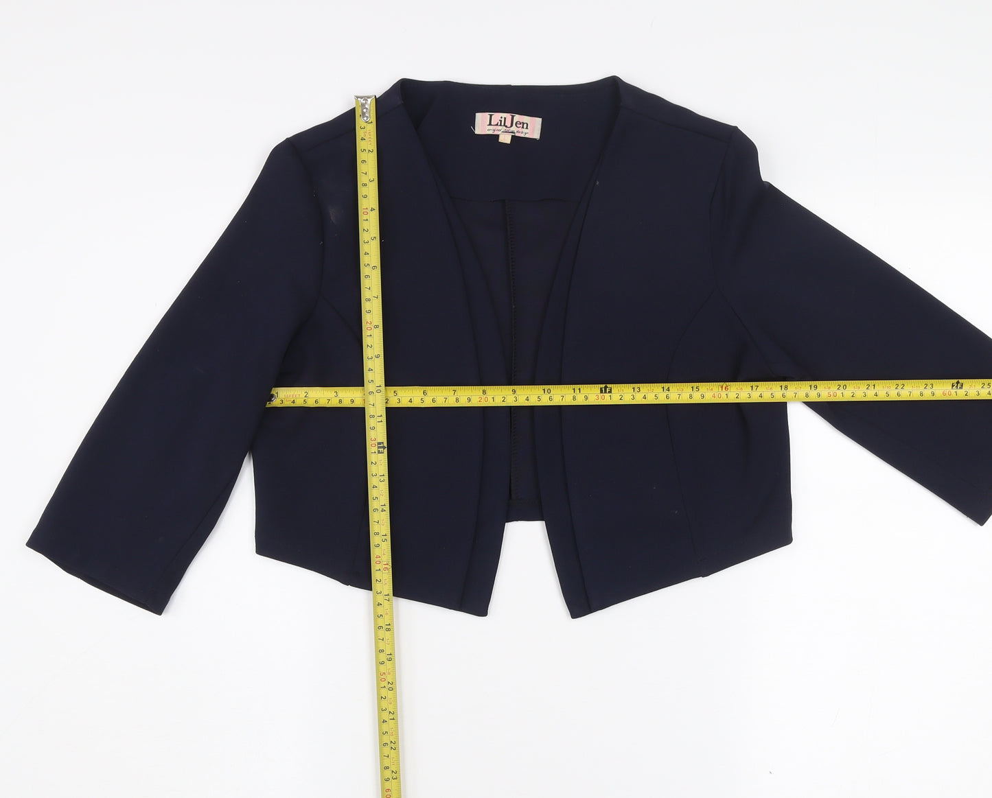 LilJen Women's Blue Cropped Shawl Blazer Size L Tailored Stretch