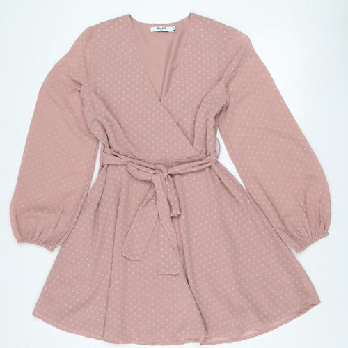 NA-KD Women’s Pink Wrap Dress Size 12 Long Sleeve Belted Polyester