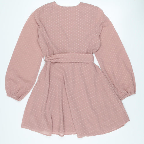 NA-KD Women’s Pink Wrap Dress Size 12 Long Sleeve Belted Polyester