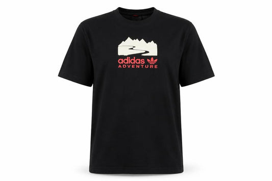 Front view of Adidas Men's Black Adventure Graphic Short Sleeve T-Shirt, size M