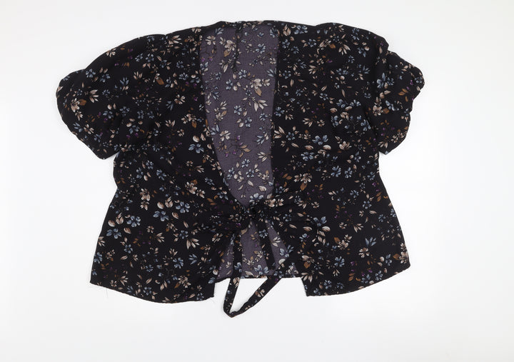 Vero Moda Women's Black Floral Wrap Blouse XL Puff Sleeve Top