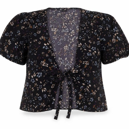 Vero Moda Women's Black Floral Wrap Blouse XL Puff Sleeve Top