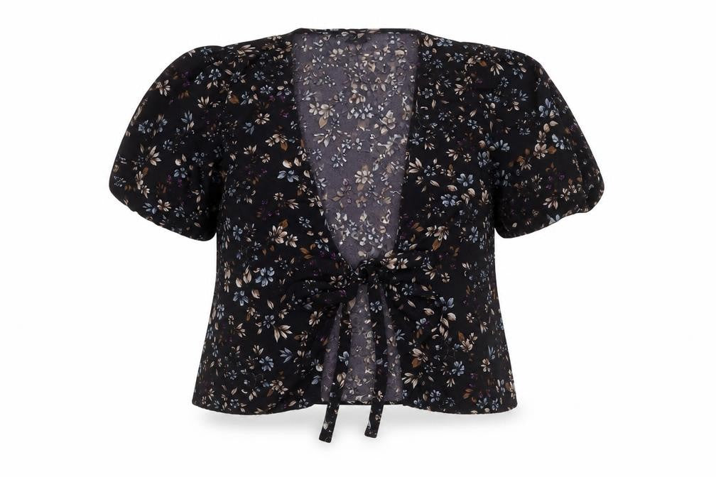 Vero Moda Women's Black Floral Wrap Blouse XL Puff Sleeve Top