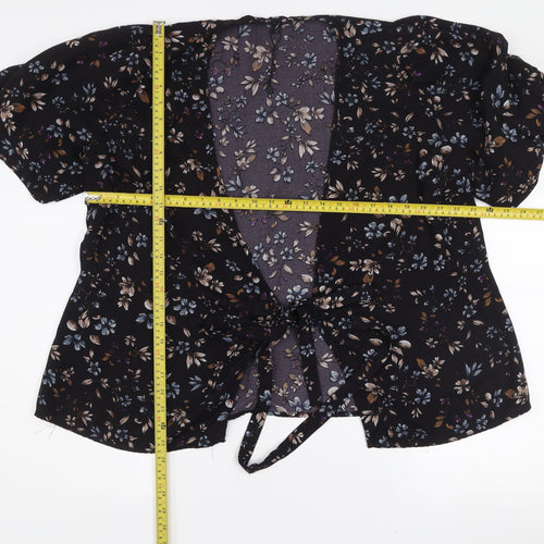 Vero Moda Women's Black Floral Wrap Blouse XL Puff Sleeve Top