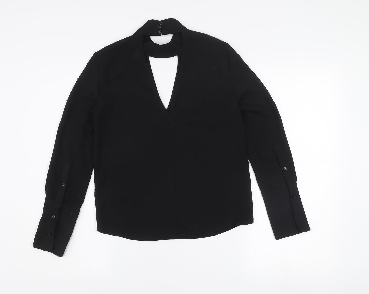 H&M Divided Black High Neck Cut-Out Blouse Women's Size 4 Long Sleeve