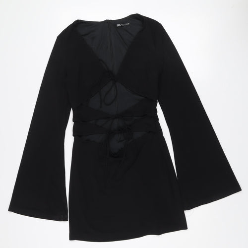 Zara Women Black Size 12 Bodycon Long Sleeve V-Neck Dress