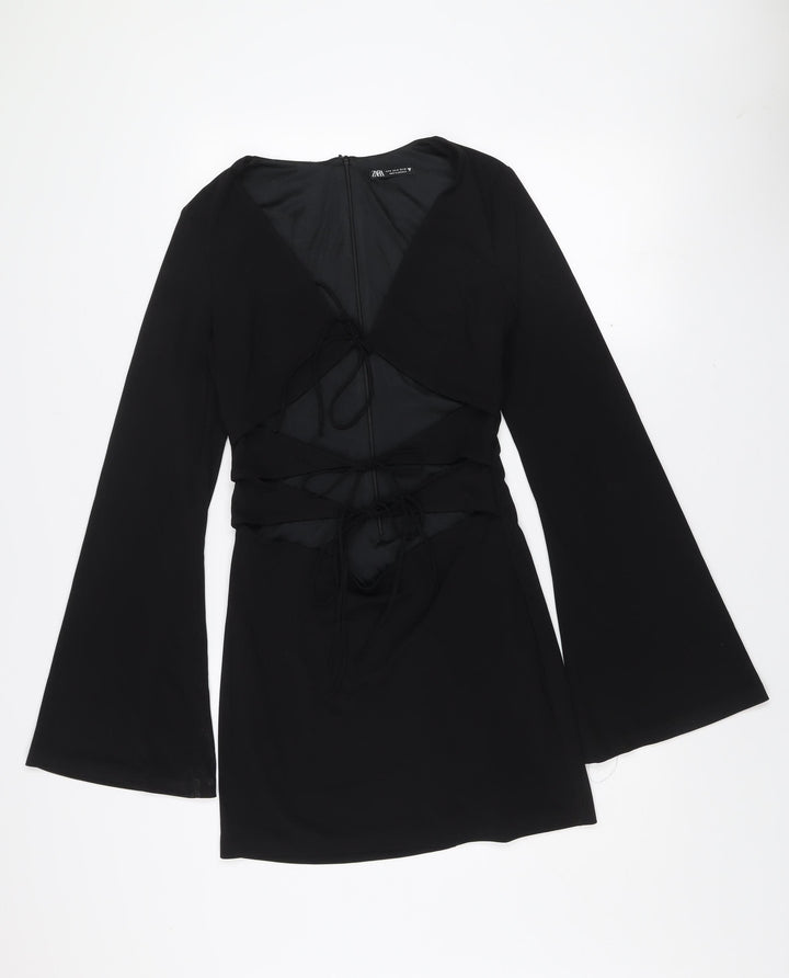 Zara Women Black Size 12 Bodycon Long Sleeve V-Neck Dress