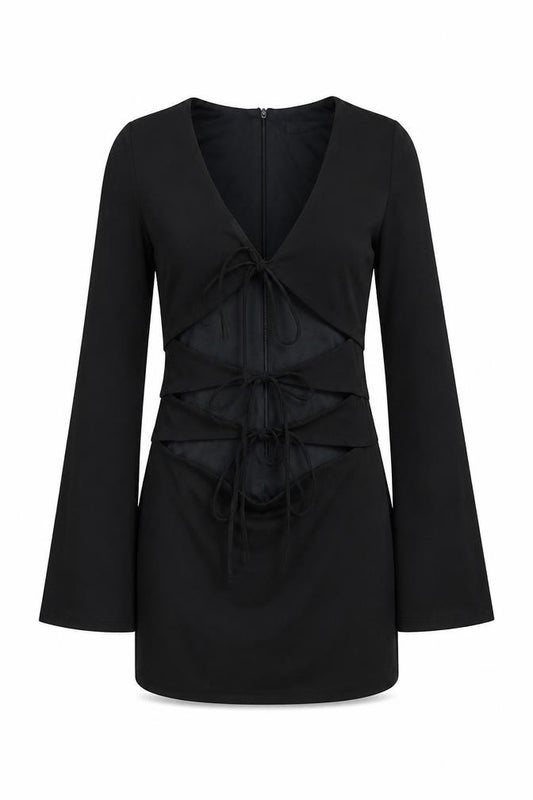 Front view of Zara Women Black, size 12, Bodycon Long Sleeve V-Neck Dress