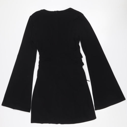 Zara Women Black Size 12 Bodycon Long Sleeve V-Neck Dress
