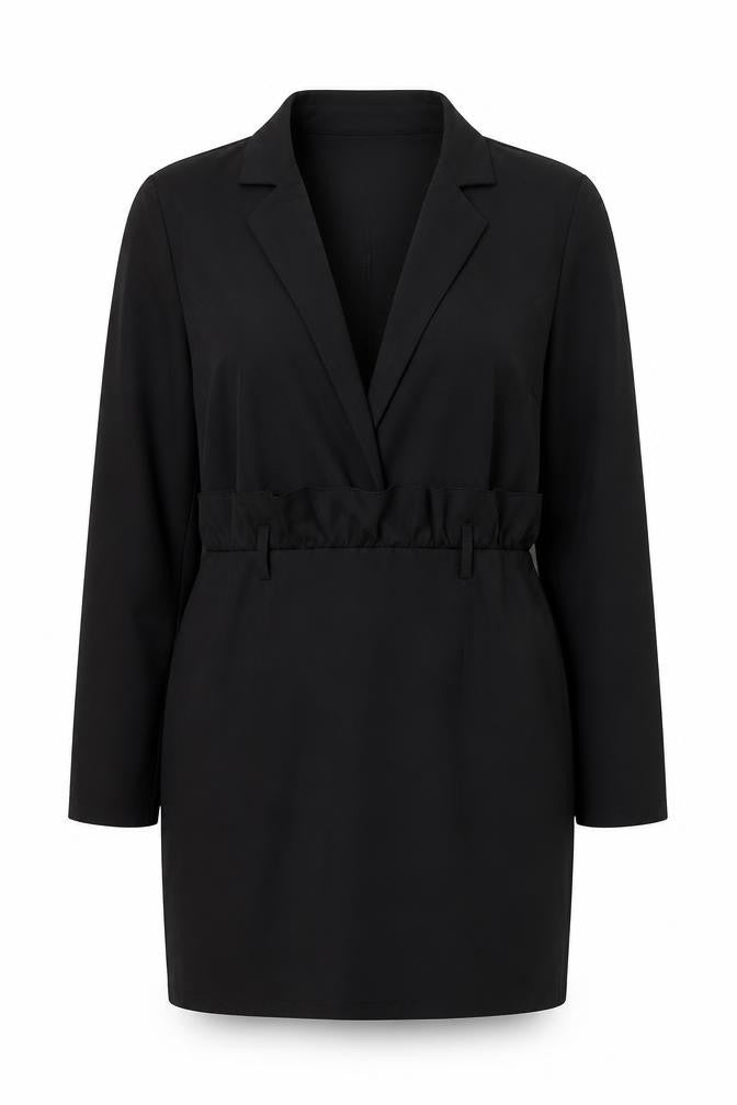 Front view of PRETTYLITTLETHING Women Black, size 16, Jacket Dress Ruffle Detail