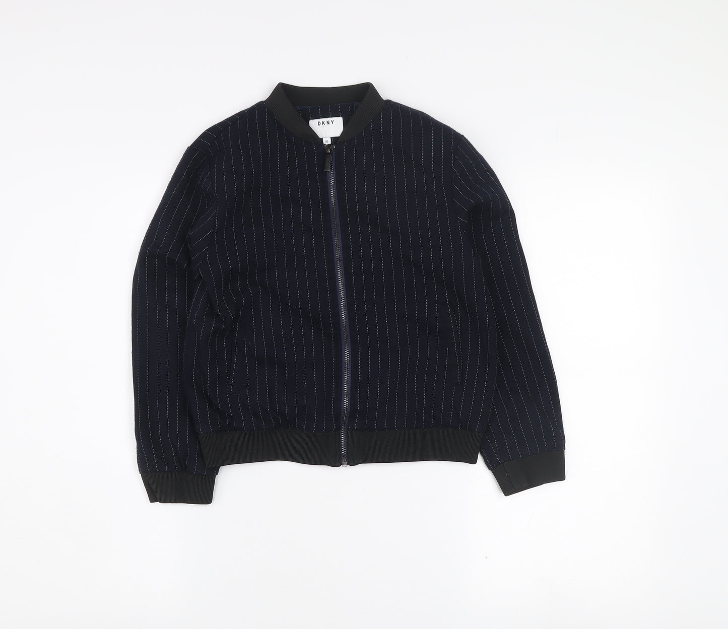 DKNY Girls Blue Pinstripe Bomber Jacket Size 10 Years Cotton Blend Zip Front