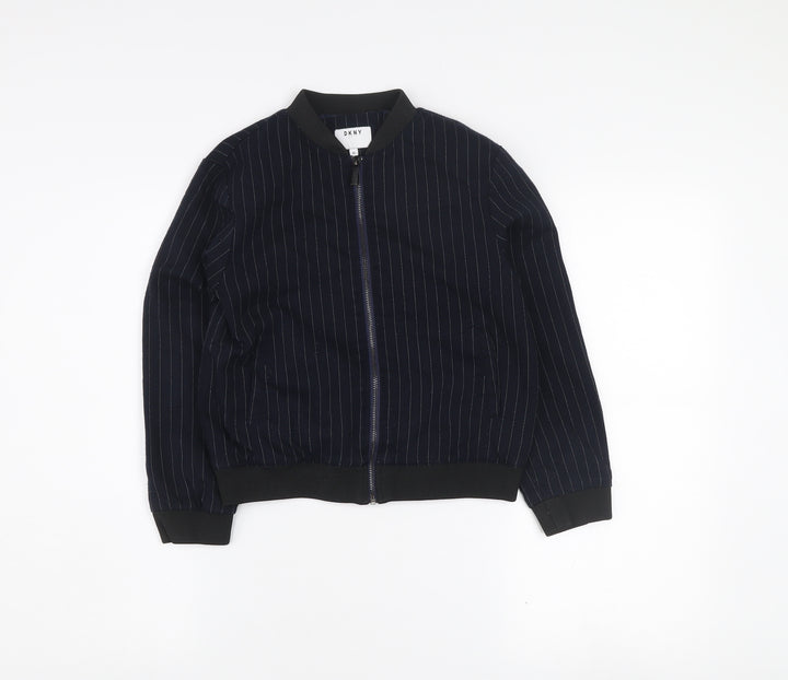 DKNY Girls Blue Pinstripe Bomber Jacket Size 10 Years Cotton Blend Zip Front