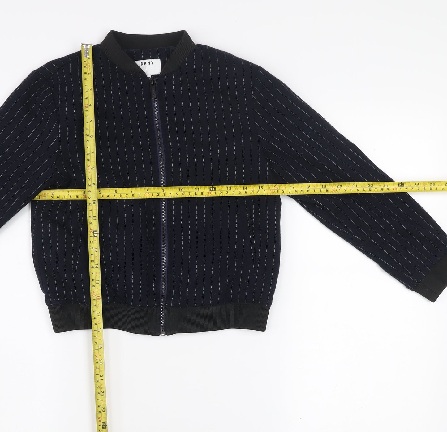 DKNY Girls Blue Pinstripe Bomber Jacket Size 10 Years Cotton Blend Zip Front