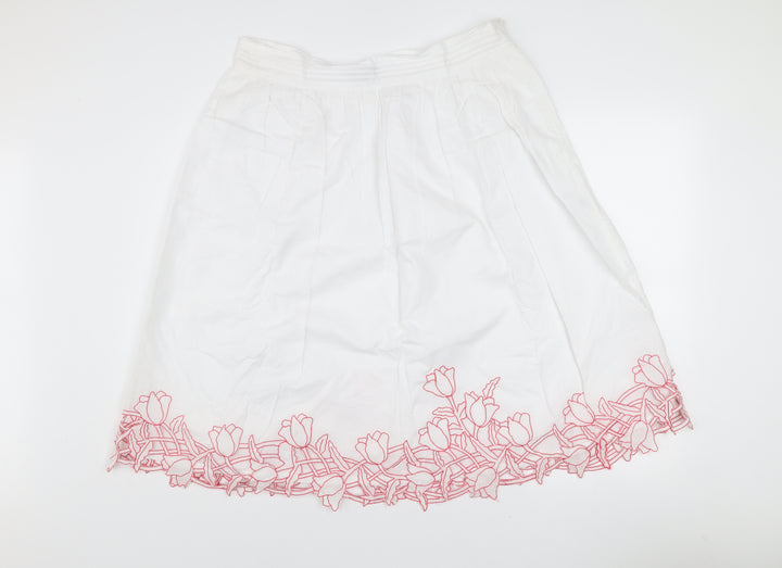 Chanelle Women's White Embroidered Cotton A-Line Knee Length Skirt Size 14