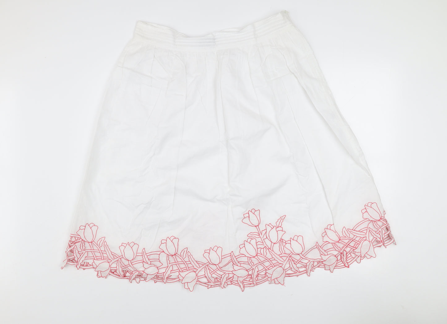 Chanelle Women's White Embroidered Cotton A-Line Knee Length Skirt Size 14