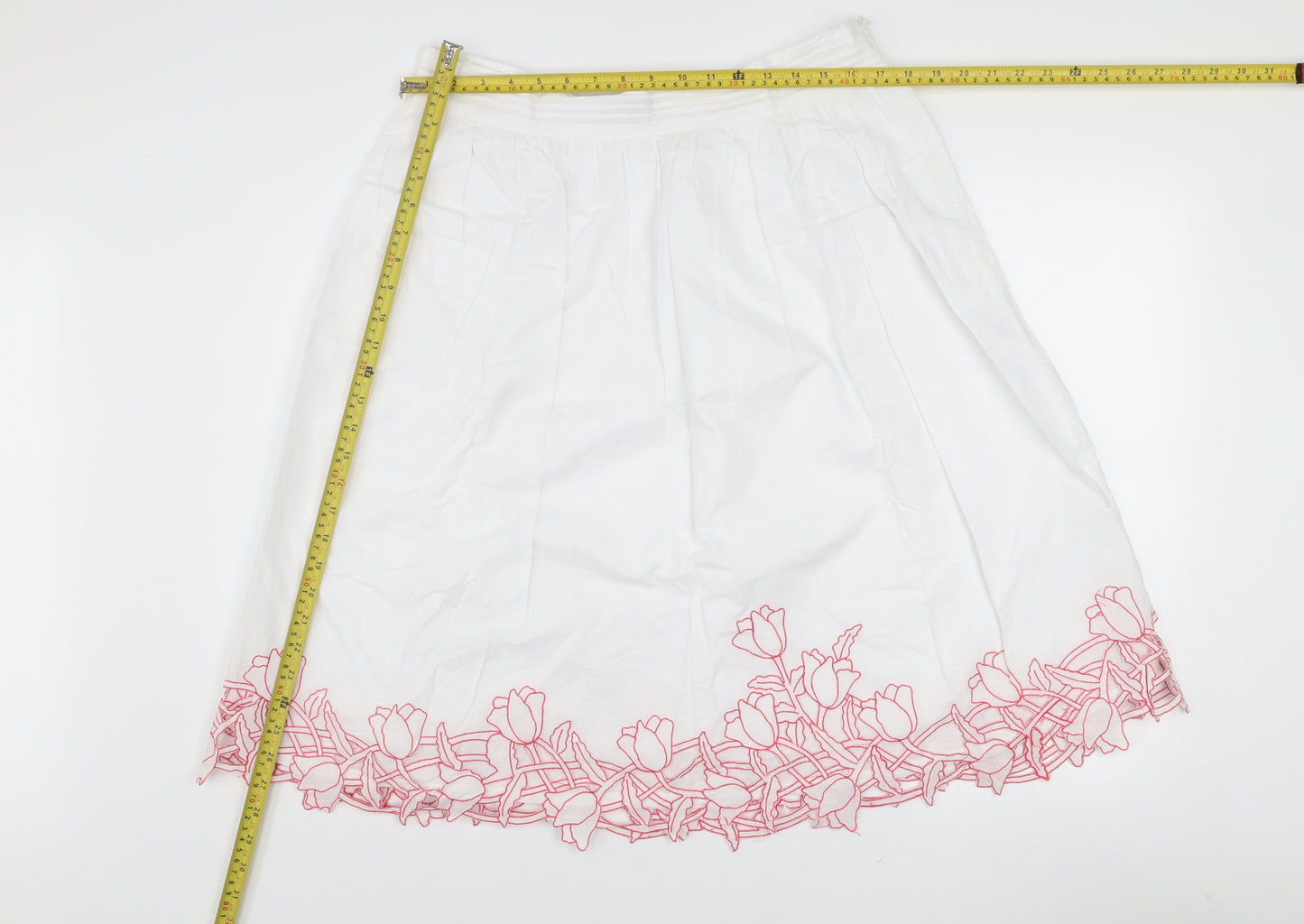 Chanelle Women's White Embroidered Cotton A-Line Knee Length Skirt Size 14