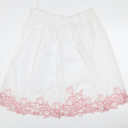 Chanelle Women's White Embroidered Cotton A-Line Knee Length Skirt Size 14