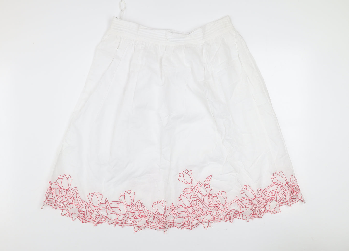 Chanelle Women's White Embroidered Cotton A-Line Knee Length Skirt Size 14