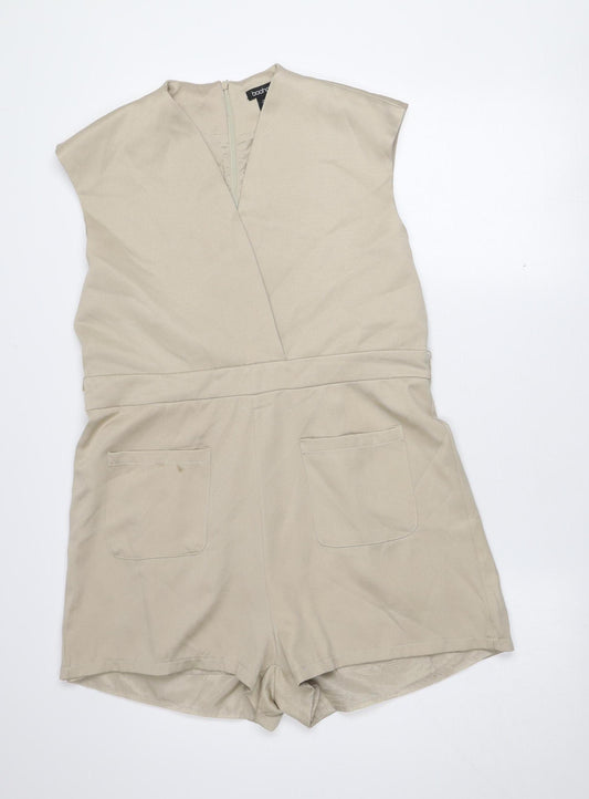Boohoo Women's Beige Sleeveless V-Neck Playsuit Size 14
